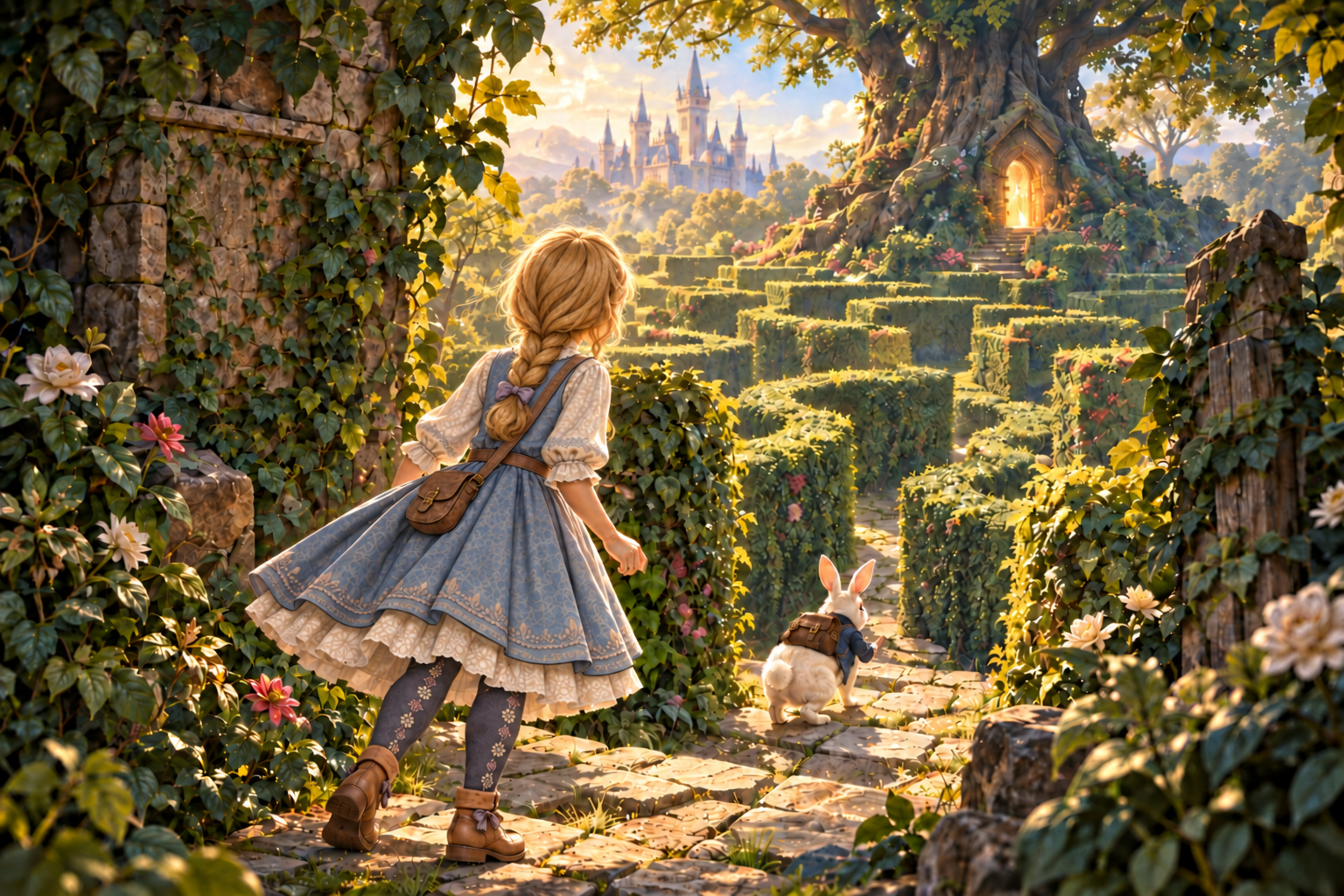 Alice and the White Rabbit entering a sunlit hedge maze toward a castle and a glowing door