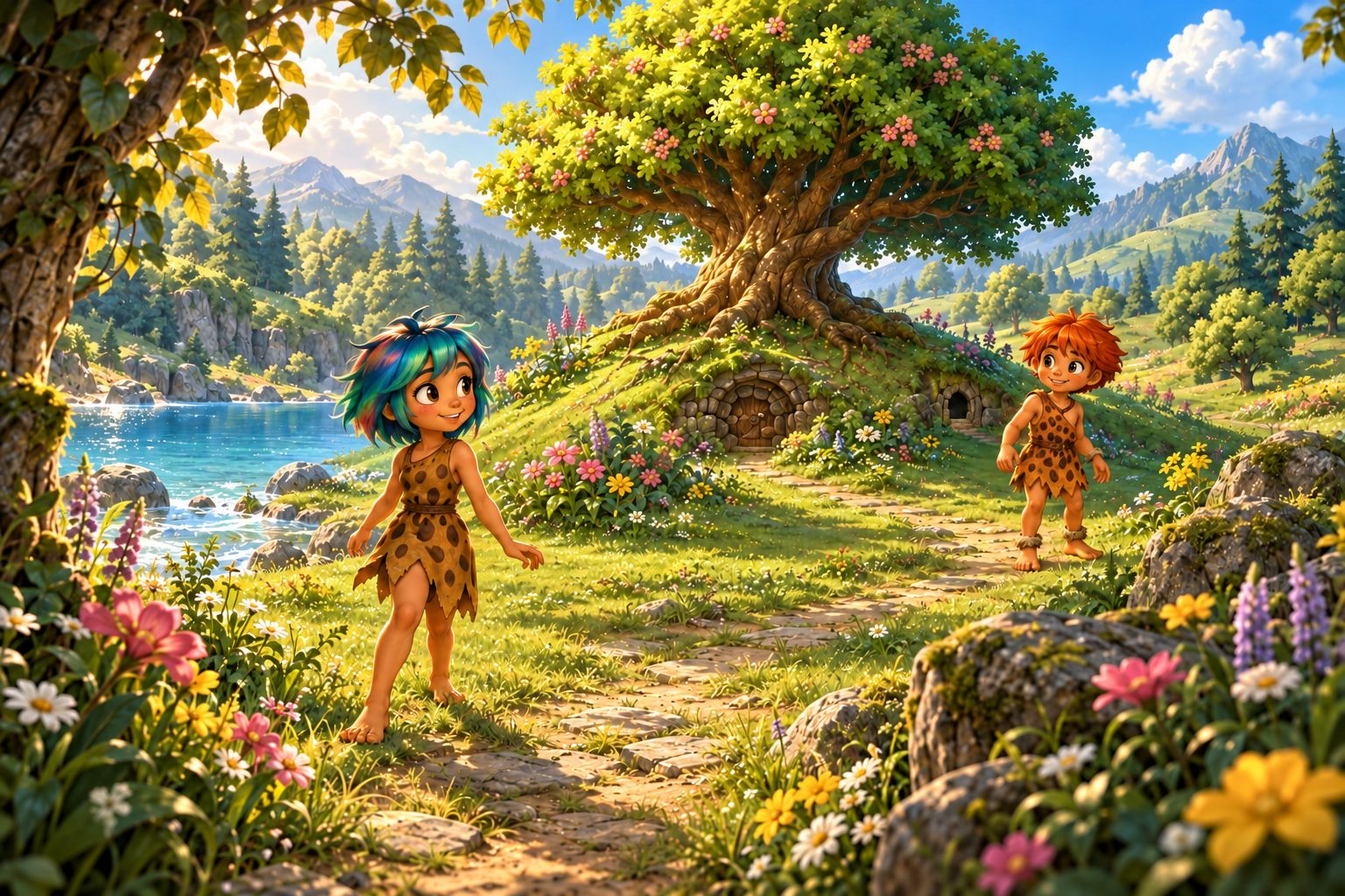 Airisa beside the pond and Leo beneath a great tree in a sunlit meadow