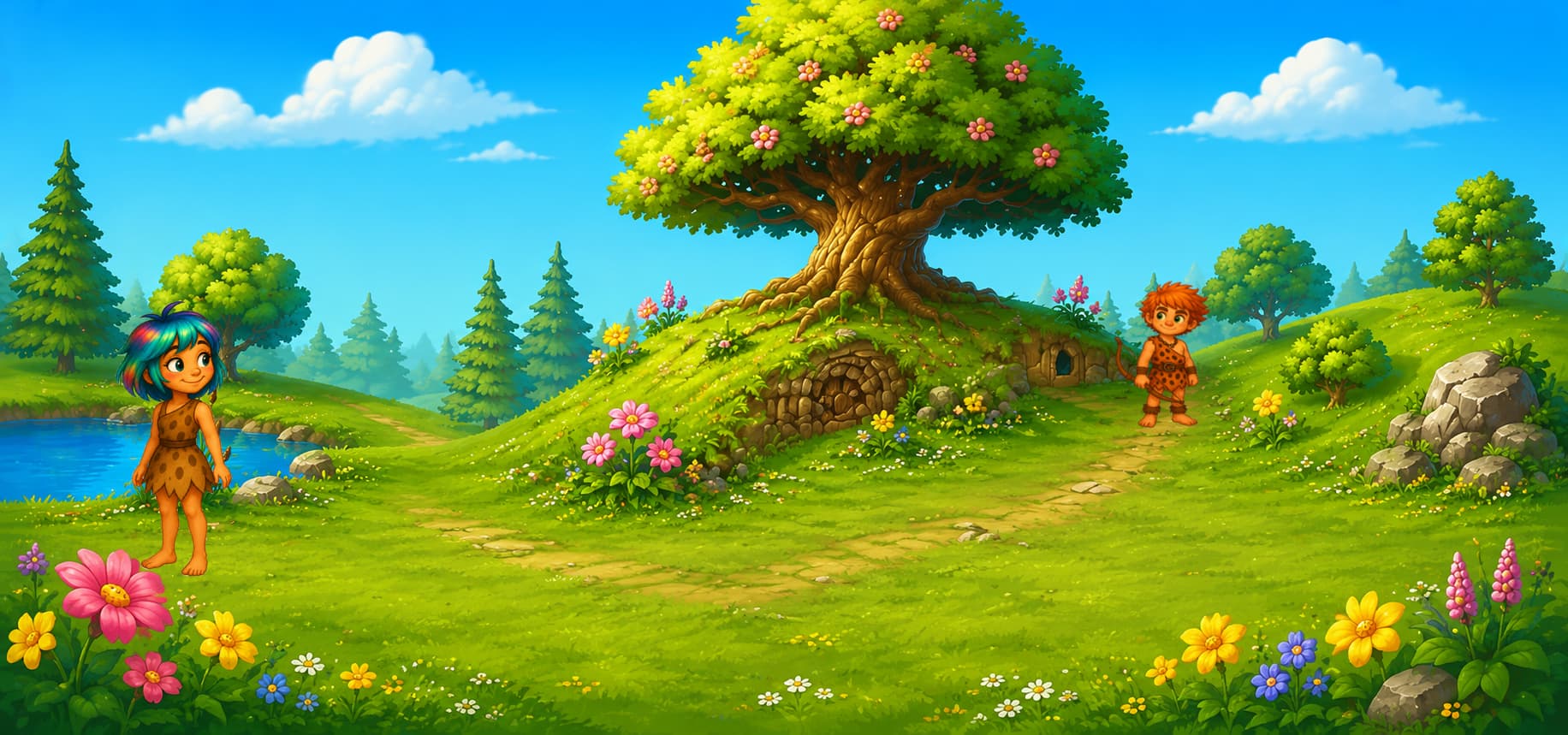 Leo and Airisa in a bright fantasy game scene